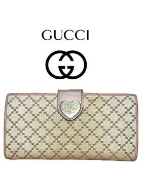 Gucci Diamante Heart Canvas Long Wallet, Brown/Pink Beige Leather